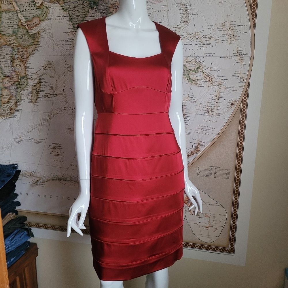 Antonio Melani red satin fitted dress cap sleeves square neckline fancy NWT 8